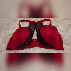 LANE BRYANT CACIQUE Elegant Red/Black Lace Trim Bra Front Fastening Bra Sz. 44D